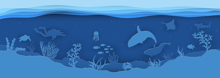 Vektör paper cut concept of world oceans day with underwater sea cave and fishespaper cut style vector illustration