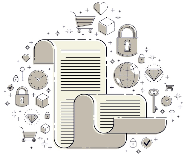 paper document with icon set, electronic documentation concept, data saving and protection, faq or agreement membership contract and rules, vector design.