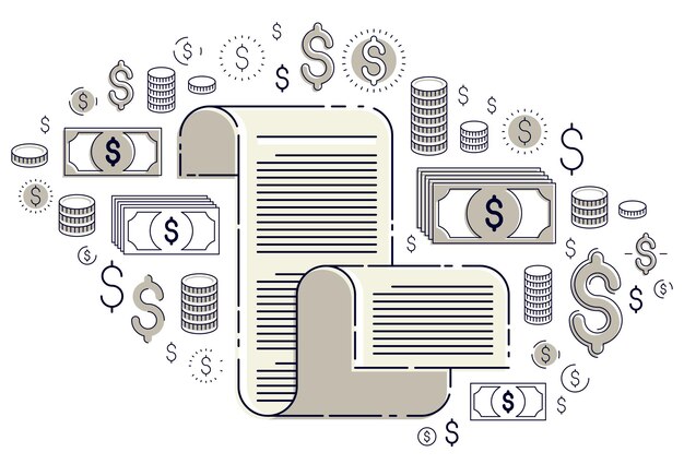 paper document with icon set, electronic documentation concept, data saving and protection, faq or agreement membership contract and rules, vector design.