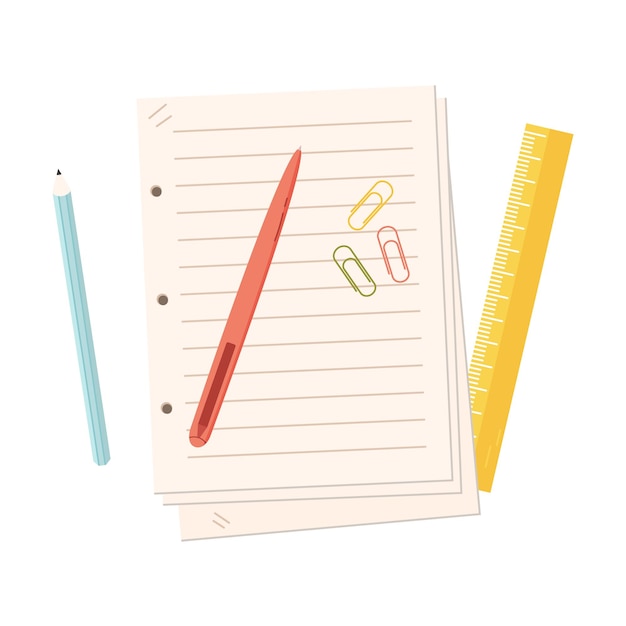 Paper sheets pile with pen and pencil School supplies Vector illustration