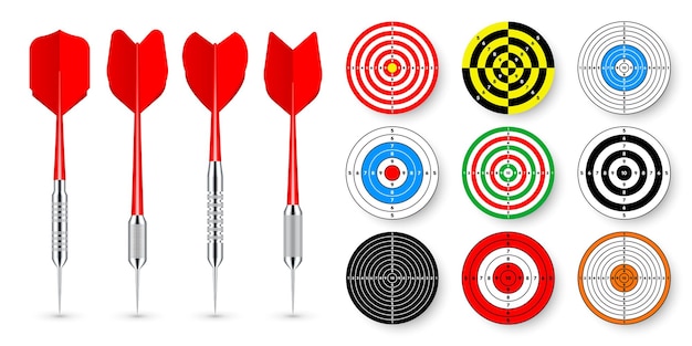 Paper targets with dart arrows and shadows shooting range round target divisions marks and numbers