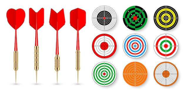 Paper targets with dart arrows and shadows shooting range round target divisions marks and numbers