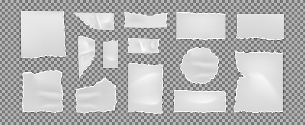 Paper torn Newspaper cutout texture old white sheet piece edge different forms frame page scrap border shred notepad blank empty notebook or memo sheets Vector background mockup