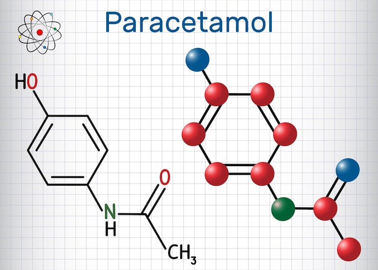Vektör paracetamol acetaminophen drug molecule structural chemical formula and molecule model