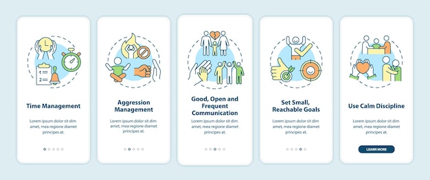 Parenting tips for ADHD onboarding mobile app page screen. Time management walkthrough 5 steps graphic instructions with concepts. UI, UX, GUI vector template with linear color illustrations