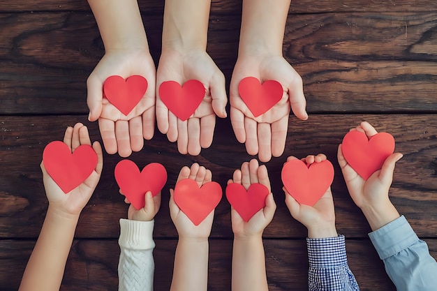 Parents and kid holding red heart in hands at light blue wooden table closeup