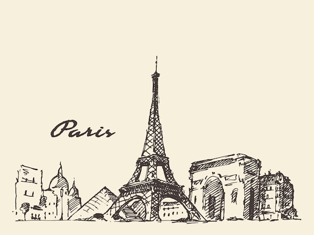 Paris skyline, Frankrig, vintage graveret illustration, håndtegnet