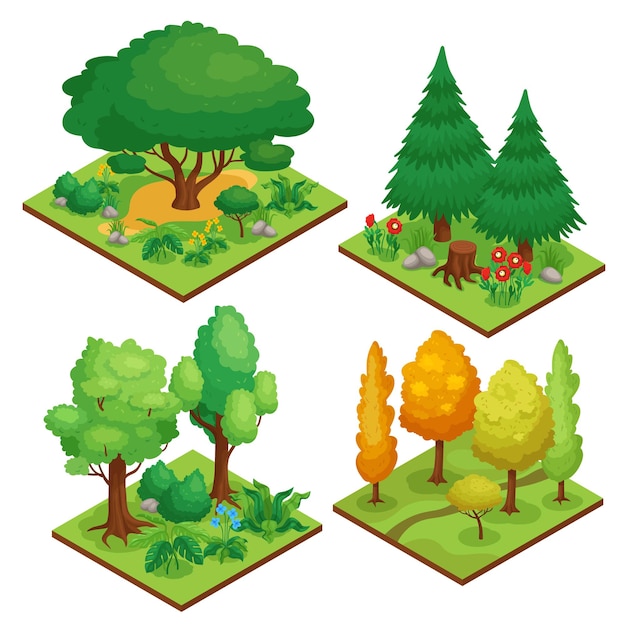 park element compositions set with autumn and summer trees isometric isolated  illustration