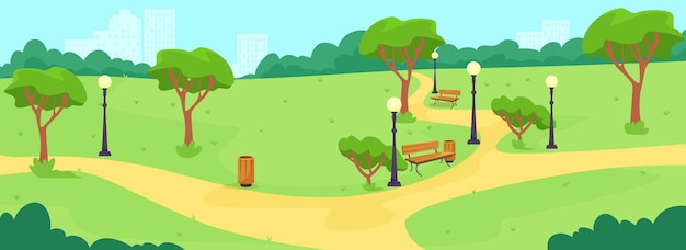 Park scene with benches and trees in a sunny landscape Vector illustration