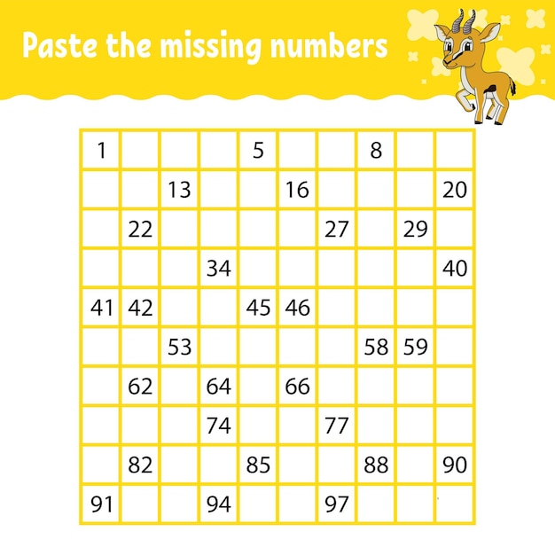 paste the missing numbers from 1 to 100. handwriting practice. learning numbers for kids.