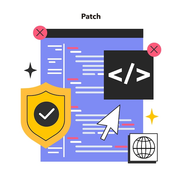 Patch software Operating system updates that address security vulnerabilities within a program Performance bugs fixing and enhanced security features Flat vector illustration