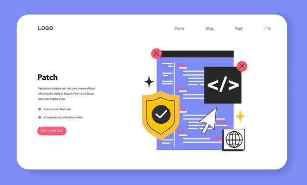 Patch software web banner or landing page Operating system updates that address security vulnerabilities Performance bugs fixing and enhanced security features Flat vector illustration