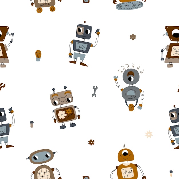 Pattern of happy funny cartoon baby robots waving hello Cute baby cyborgs retro futuristic modern bots android smiling characters in flat vector illustration isolated on white background