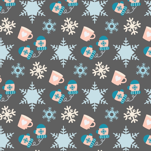Pattern with a winter ornament, mittens, a cup with a heart, snowflakes, on a gray background