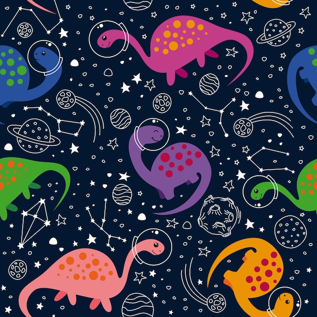Pattern with cute dinosaurs in space