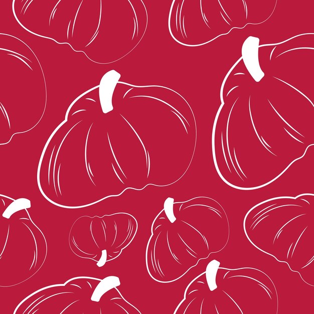 pattern with round pumpkins drawn in white outline on a red background