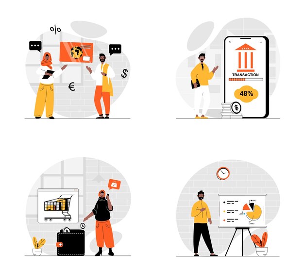 payment concept with character set collection of scenes arabic muslim people using online banking services paying with credit cards for orders and purchases vector illustrations in flat web design