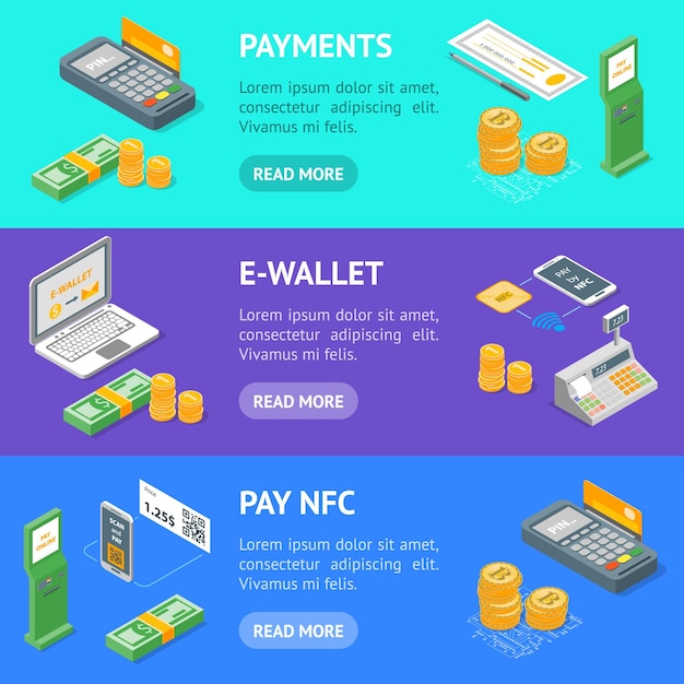 Payment Methods Banner Horizontal Set Isometric View Electronic Transfer Cash Credit Card or Check Vector illustration