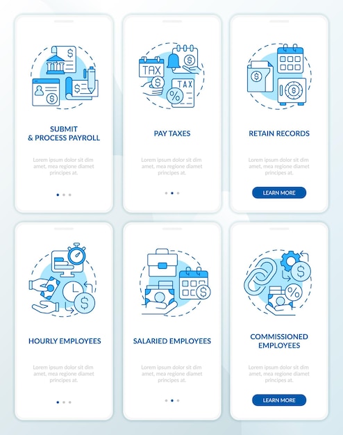 payroll processing blue onboarding mobile app screen set