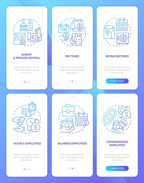 payroll processing stages blue gradient onboarding mobile app screen set