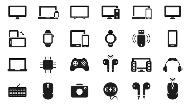 PC Computer Monitor Smartphone Camera Keyboard Headphone Silhouette Icon Set