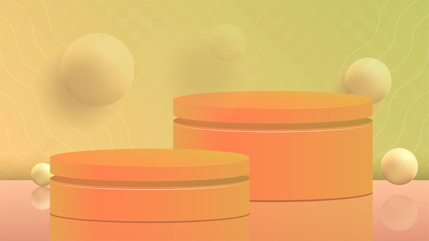 peach background with round pedestal and flying spheres stand for presentations in hd format