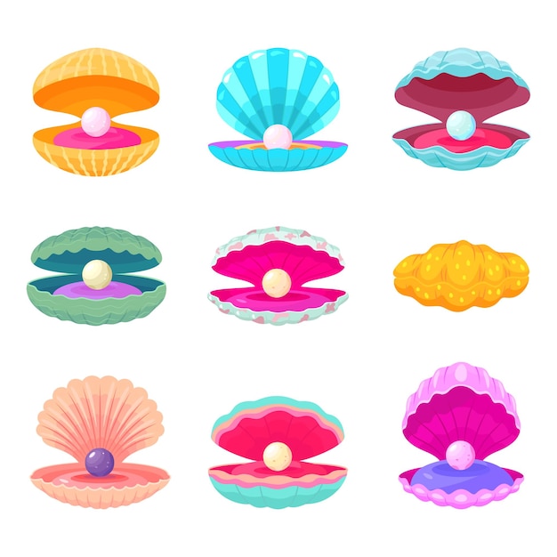 Pearls in shells Decorative cartoon shell with pearl different sand and ocean elements Isolated oyster clam underwater jewel nowaday vector set