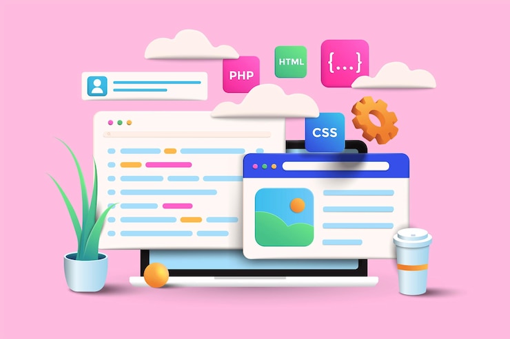 Vektör pembe arka plan üzerinde web geliştirme ve uygulama design’ı illüstrasyonu