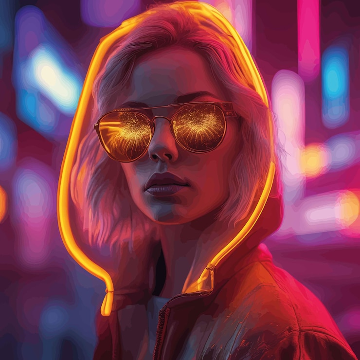 Vektör pembe ceketli gözlüklü güzel genç kadın kamerada neon ışıklarla çekilmiş güzel genç kadın