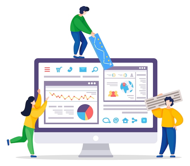 People Analyzing Website Optimization in Pc Vector