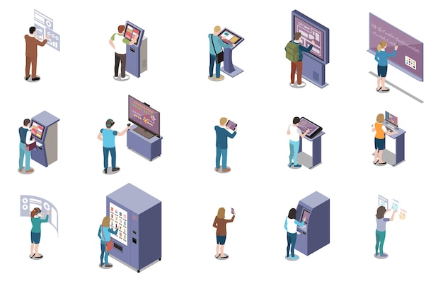 people and interfaces isometric set of electronic gadgets used in business education and commerce isolated vector illustration