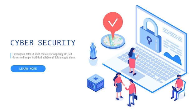 people are working on cyber security web banner infographics isometric vector illustration