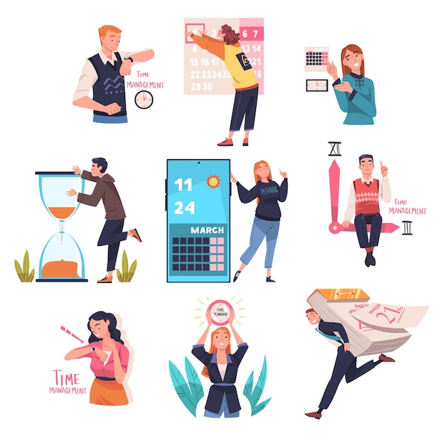 People Character Planning Time and Event Marking Date on Calendar and Managing Schedule Vector Set