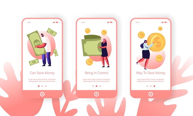 People Collecting and Saving Money Mobile App Page Onboard Screen Set.