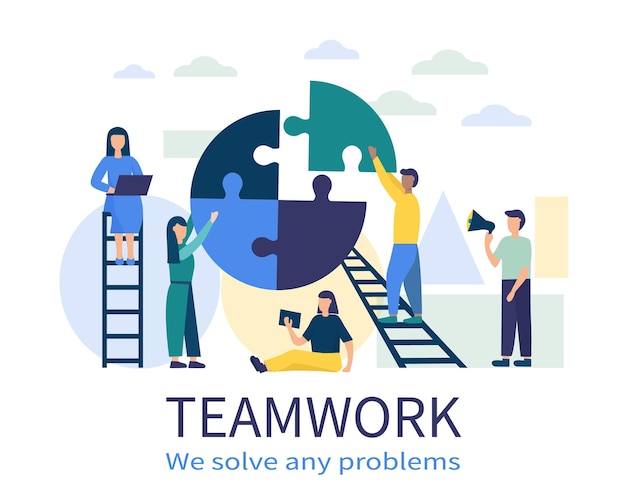People connect the parts of the puzzle Business concept of teamwork