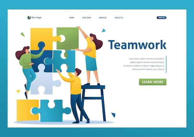 People connecting puzzle elements teamwork cooperation partnership Flat 2D character Landing page