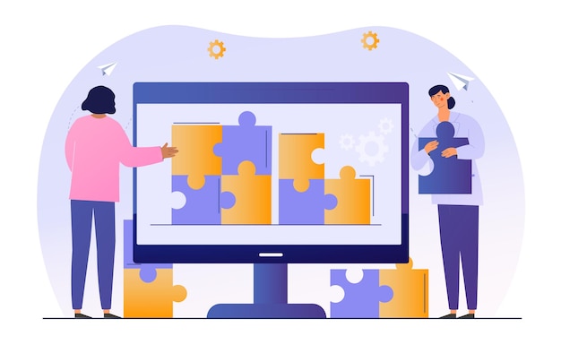 People connecting puzzle elements technical support solve problem on remote device digital era