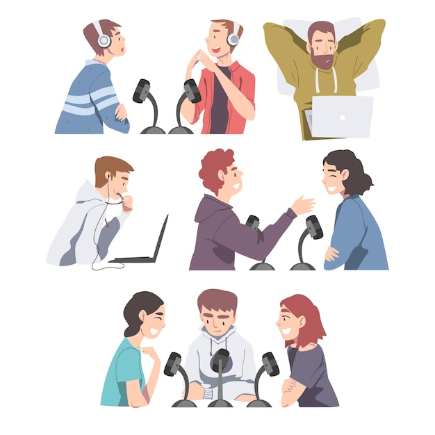 people doing live audio podcasts set radio hosts communicating with guests in studio cartoon style vector illustration