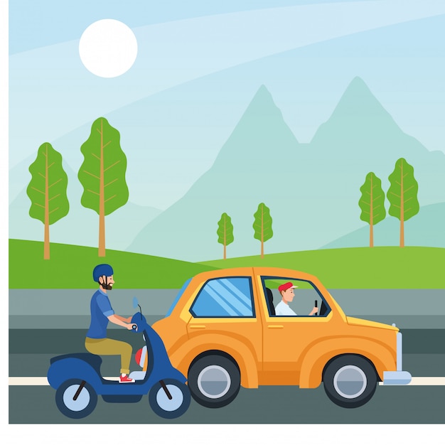 people driving car and motorcycle vector design