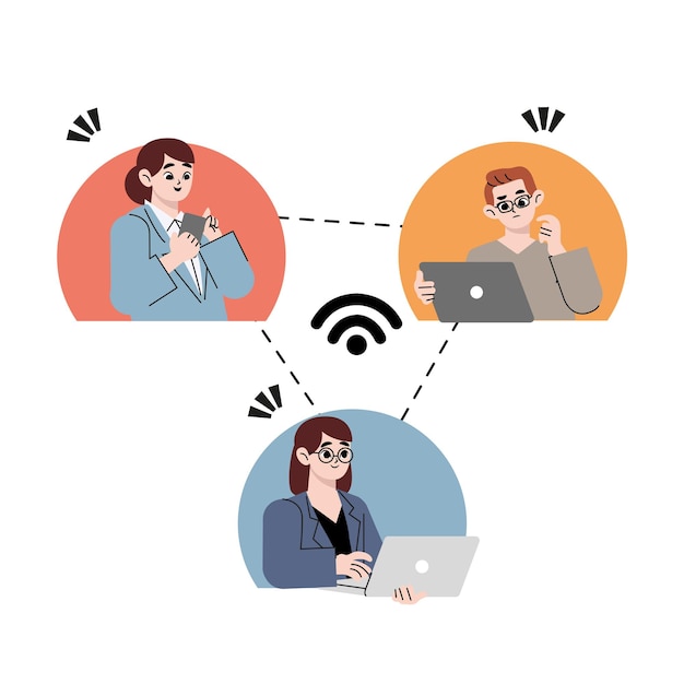 People in free internet zone working on laptops sitting on a big wifi sign. Free wifi hotspot, wifi