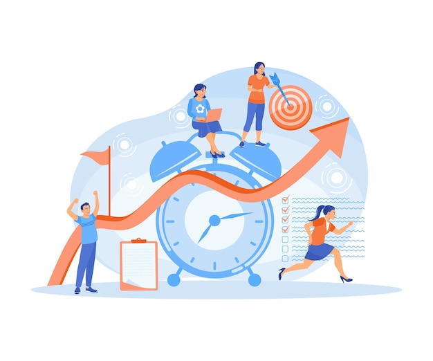People perform daily routines to achieve goals Set time to complete work Time Management concept Flat vector illustration