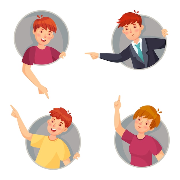 People pointing out window holes Boys and girl looking surprised and curious Female an male characters