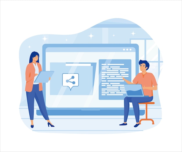 People send files for business Concept of sharing file data transfer transfer of documentation cloud service file management electronic document management flat vector modern illustration