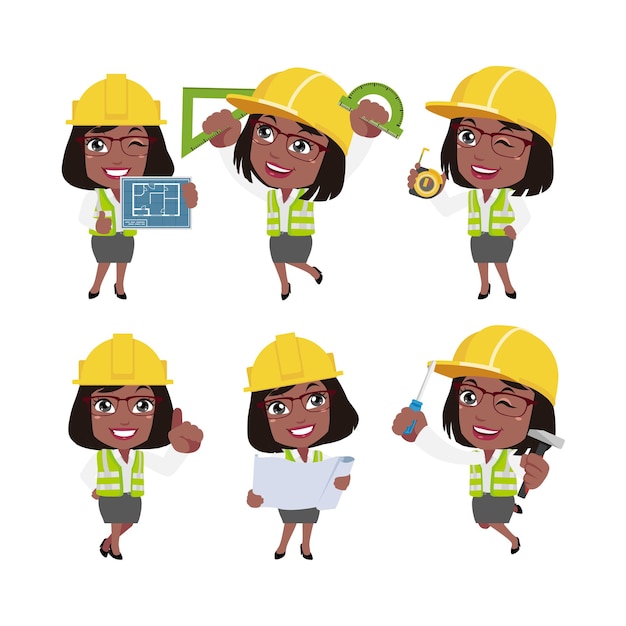 people set  profession  set of builder character in different poses