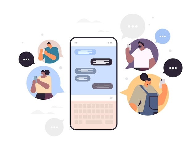 People typing message on smartphone mix race men women chatting in mobile app chat bubble communication