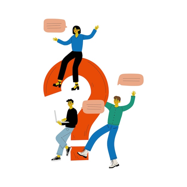 people with a big question mark colleagues communicating making a choice or seeking solution to a problem vector illustration