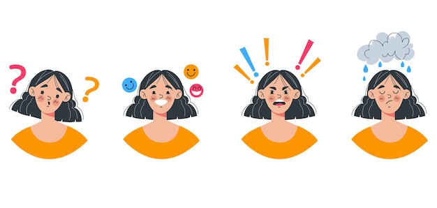People with different emotions flat cartoon graphic design illustration set