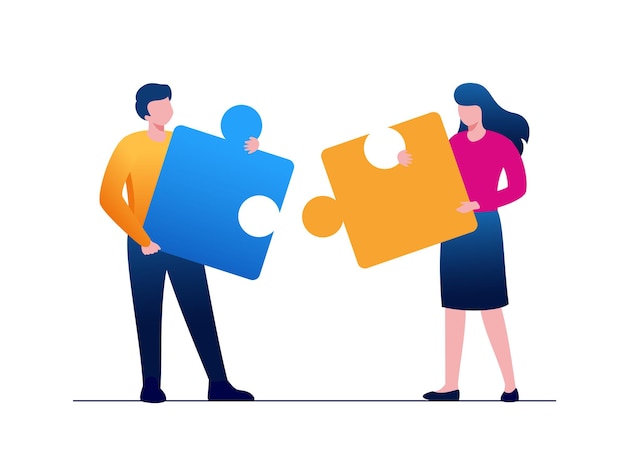 People with puzzle representing teamwork business flat vector illustration banner and landing page