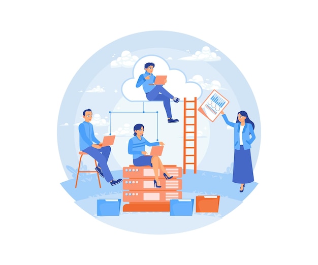 People work using electronic devices Using cloud computing services to store data Storage concept Flat vector illustration