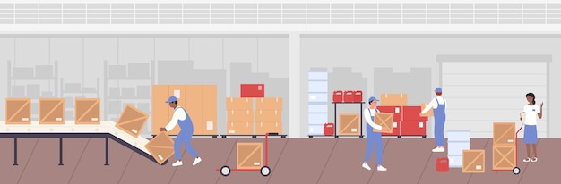 People working in warehouse storage and unload boxes from conveyor line